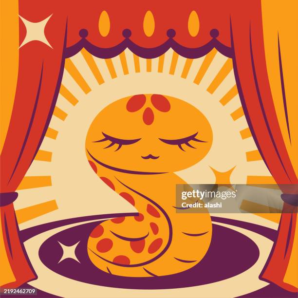 a cute golden snake with polka dots, smiling, eyes closed, on stage, sitting upright, body coiled, radial sunburst pattern background - sleeping snake stock illustrations
