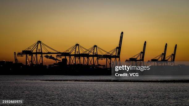 Night view of Yantai CIMC Raffles Shipyard on January 3, 2025 in Yantai, Shandong Province of China.