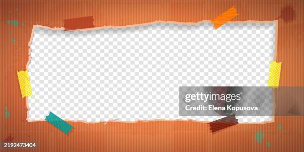 rectangular old cardboard grunge frame with jagged edges with stickers and splashes in retro style. torn colored rectangular cardboard sheet with window on isolated background. creative paper vector template with empty space. - tear icon stock illustrations