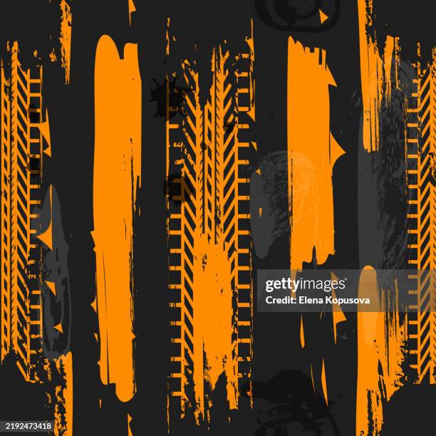 seamless vector background with grunge tire tread, wheel braking marks on dark road background with dividing lines. car racing, motorsport, speed racing seamless design. - tyre print stock illustrations