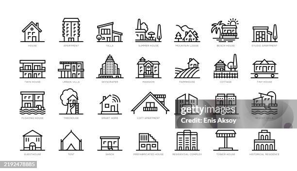 ilustraciones, imágenes clip art, dibujos animados e iconos de stock de íconos de espacios residenciales y habitables - villa estructura de edificio
