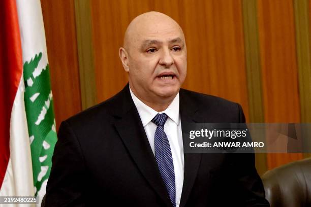 Newly elected Lebanese president Joseph Aoun delivers a speech at the parliament building in Beirut on January 9, 2025. Lebanon's lawmakers elected...