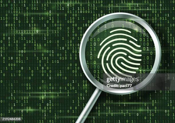cyber security concept with binary code numbers, magnifier and fingerprint. data breach concept. - data breach stock illustrations