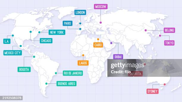 bildbanksillustrationer, clip art samt tecknat material och ikoner med world map major cities with country outlines and location labels - världskarta
