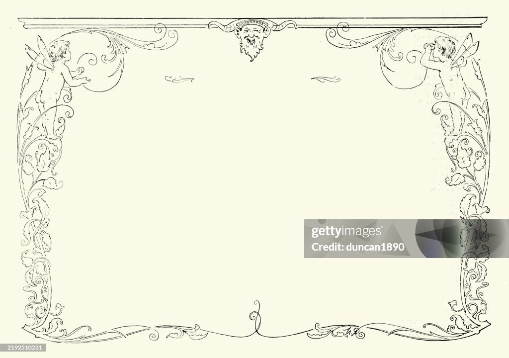 Fairy tale border, picture frame, Fairies, laughing pan, Vintage illustration 19th Century
