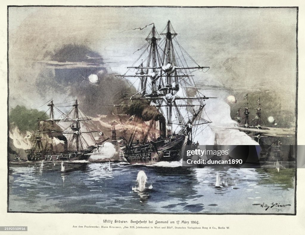 Naval military history, Warships fighting at Battle of Jasmund between elements of the Danish and Prussian navies on 17 March 1864 during the Second Schleswig War, Vintage illustration 19th Century