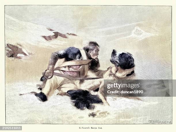 der tod von barry der menschenretter, einem hund einer rasse, die später bernhardiner genannt wurde und in der schweiz und in italien als bergrettungshund für das große st. bernhard hospiz arbeitete, vintage-illustration 19. jahrhundert - bernhardiner stock-grafiken, -clipart, -cartoons und -symbole