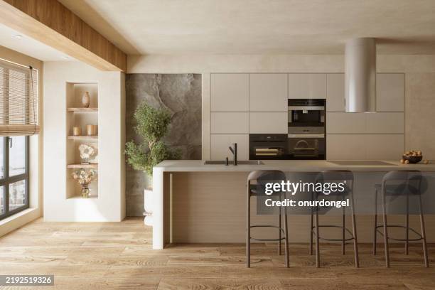 wabi sabi style kitchen with cabinets, kitchen island, potted plant and parquet floor - moderno imagens e fotografias de stock
