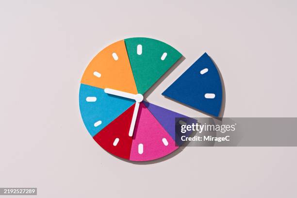 multi colored time clock pie chart, paper craft - tempo imagens e fotografias de stock
