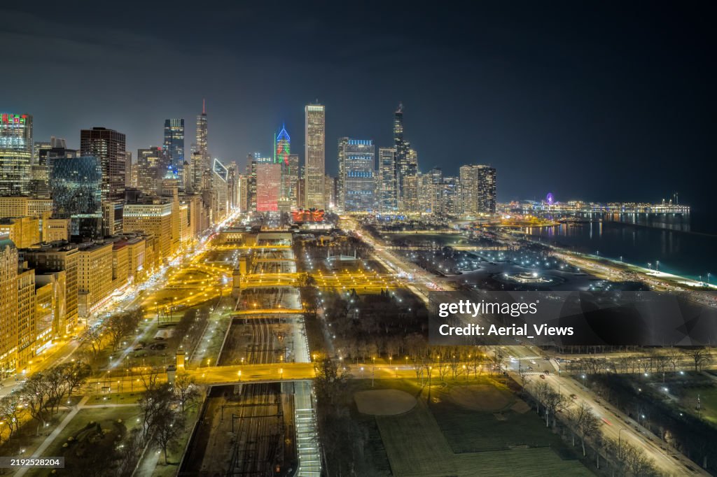 Aerial View of the Chicago skyline at night