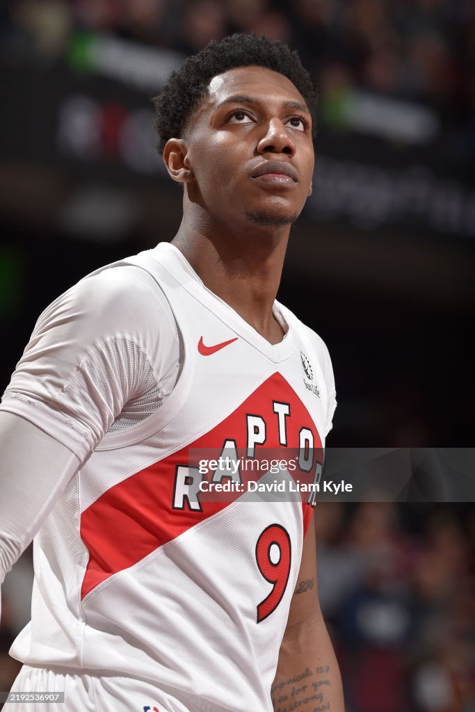 Toronto Raptors Rj Barrett RJ Barrett of the Toronto Raptors looks on during the game against ...