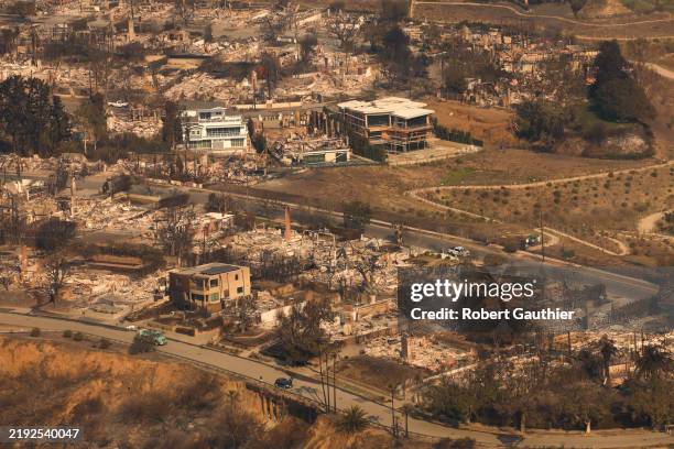 Pacific Palisades CA, Thursday, January 9, 2025 - Aerial view of neighborhoods destroyed by the Palisades Fire.