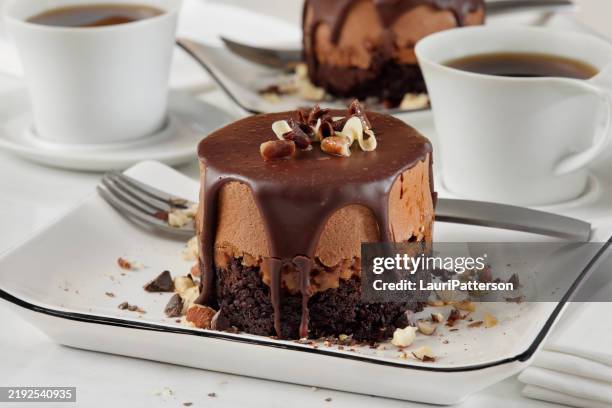 individual chocolate mousse hazelnut fudge cake - mocha stock pictures, royalty-free photos & images