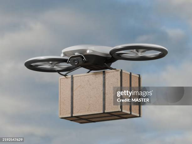 futuristic drones shipping packages - drone delivery stock pictures, royalty-free photos & images