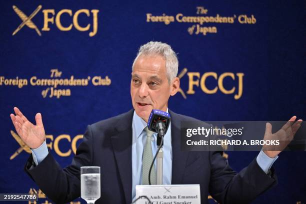 Outgoing US Ambassador to Japan Rahm Emanuel gestures as he speaks during a press conference at the Foreign Correspondents' Club of Japan in Tokyo on...