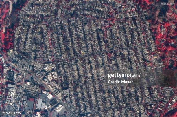 Sequence image 05. Maxar AFTER I.R. Satellite imagery of additional homes of the destruction in Pacific Palisades, Los Angeles, California. Note: Red...