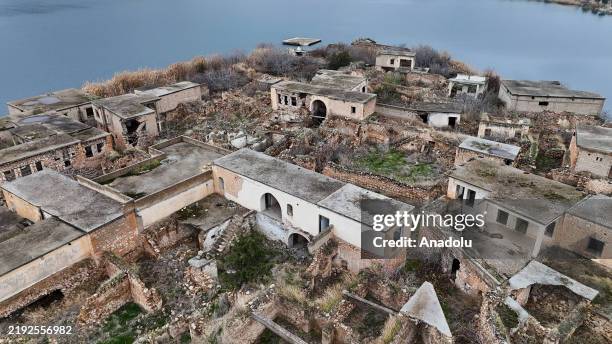 An aerial view of the Ulu Mosque, Cekem District and Savasan village, which is described as a sunken city, in the old Halfeti district, which is...