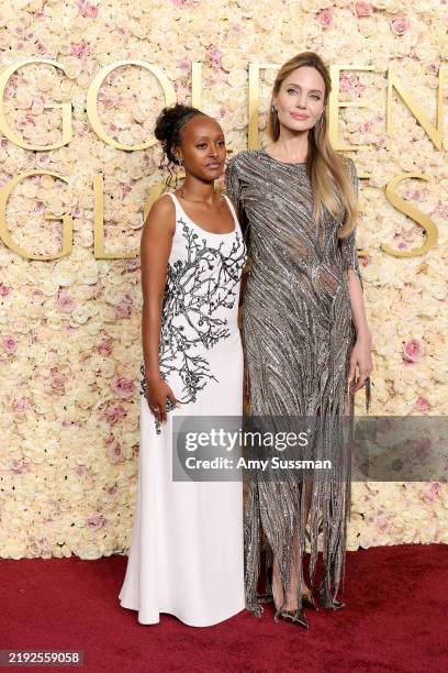 Zahara Jolie and Angelina Jolie attend the 82nd Annual Golden Globe Awards at The Beverly Hilton on January 05, 2025 in Beverly Hills, California.