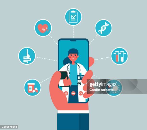 call doctor - female doctor - health technology stock illustrations