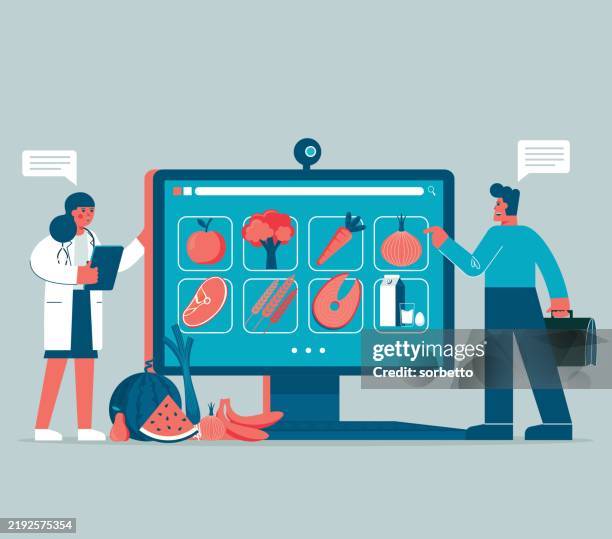 diet plan online - desktop pc - corporate wellness program stock illustrations
