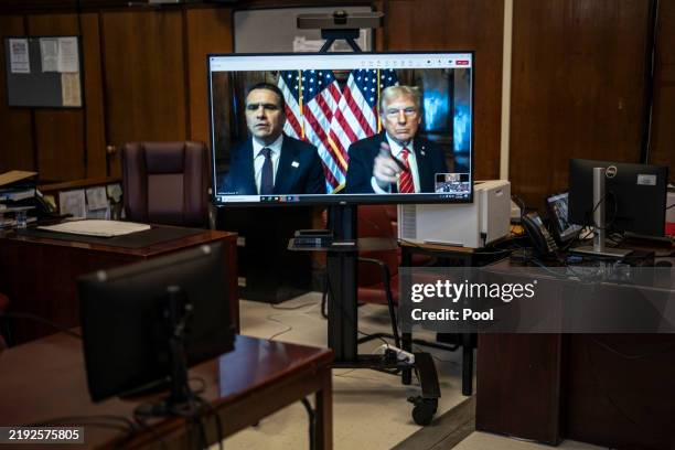 President-elect Donald Trump appears remotely for a sentencing hearing with his attorney Todd Blanche at Manhattan Criminal Court on January 10, 2025...