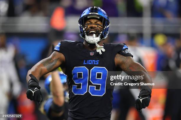 Za'Darius Smith of the Detroit Lions reacts during the fourth quarter against the Minnesota Vikings at Ford Field on January 05, 2025 in Detroit,...