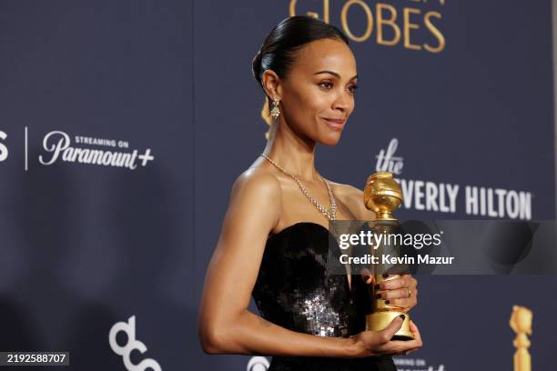Zoe Saldana, winner of the Best Performance by a Female Actor in a Supporting Role In Any Motion Picture Award for "Emilia Pérez", poses in the press...
