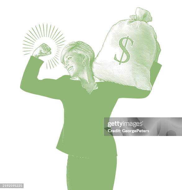 successful woman holding money bag and making a muscle - vintage dollar sign white background stock illustrations