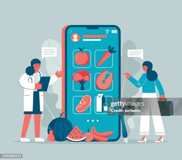 diet plan online - young women - eating protein stock illustrations