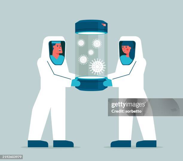 doctor with virus tests - protective suit stock illustrations