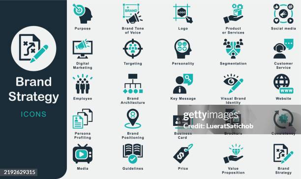 illustrations, cliparts, dessins animés et icônes de stratégie de marque collection d’icônes solides. contenant le logo, le site web, le développement, l’entreprise, la proposition de valeur, la brochure, l’employé, le produit ou le service, le service client, la segmentation, l’objectif, le mess - carte de visite