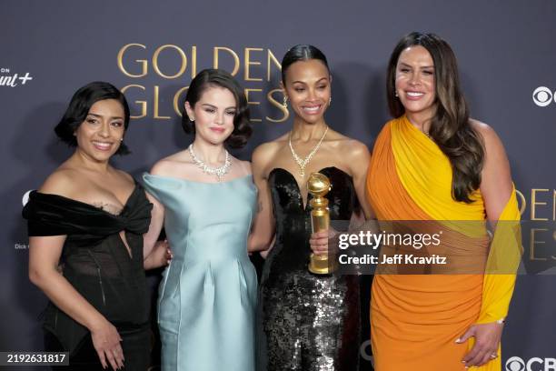 Adriana Paz, Selena Gomez, Zoe Saldana and Karla Sofía Gascón, winners of the Best Motion Picture – Musical Or Comedy Award for "Emilia Pérez", pose...
