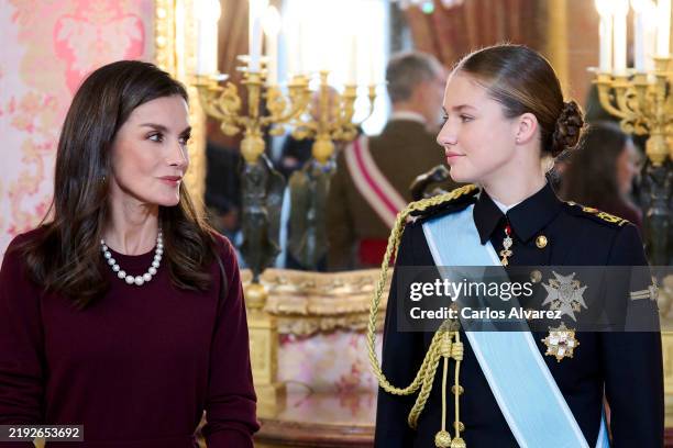 Queen Letizia of Spain and Crown Princess Leonor of Spain attend the Pascua Militar ceremony at the Royal Palace on January 06, 2025 in Madrid, Spain.