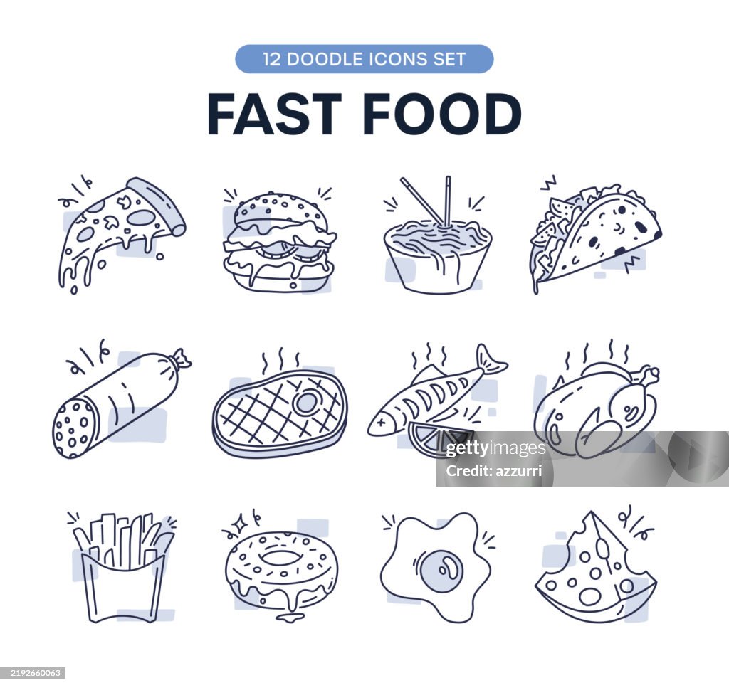 El conjunto de iconos de comida rápida contiene iconos como pizza, hamburguesa, fideos, taco, salchichas, bistec, rosquillas, etc