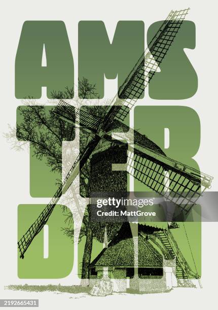 windmill amsterdam - tulip fields netherlands stock illustrations