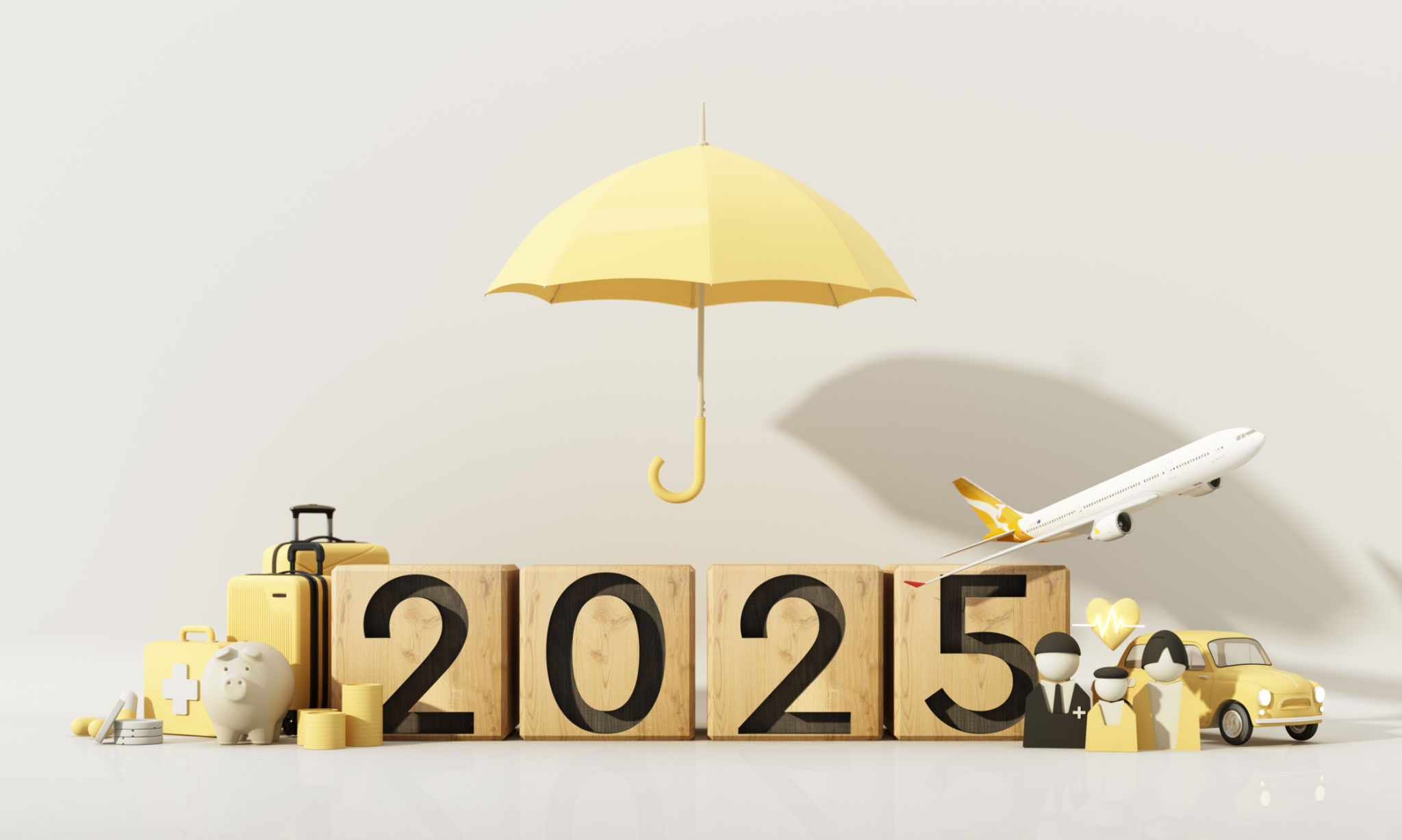 Comprehensive 2025 insurance coverage concept featuring a yellow umbrella, wooden blocks, travel, health, and financial icons, symbolizing safety and security. 3d rendering. Comprehensive 2025 insurance coverage concept featuring a yellow umbrella, wooden blocks, travel, health, and financial icons, symbolizing safety and security. 3d rendering.