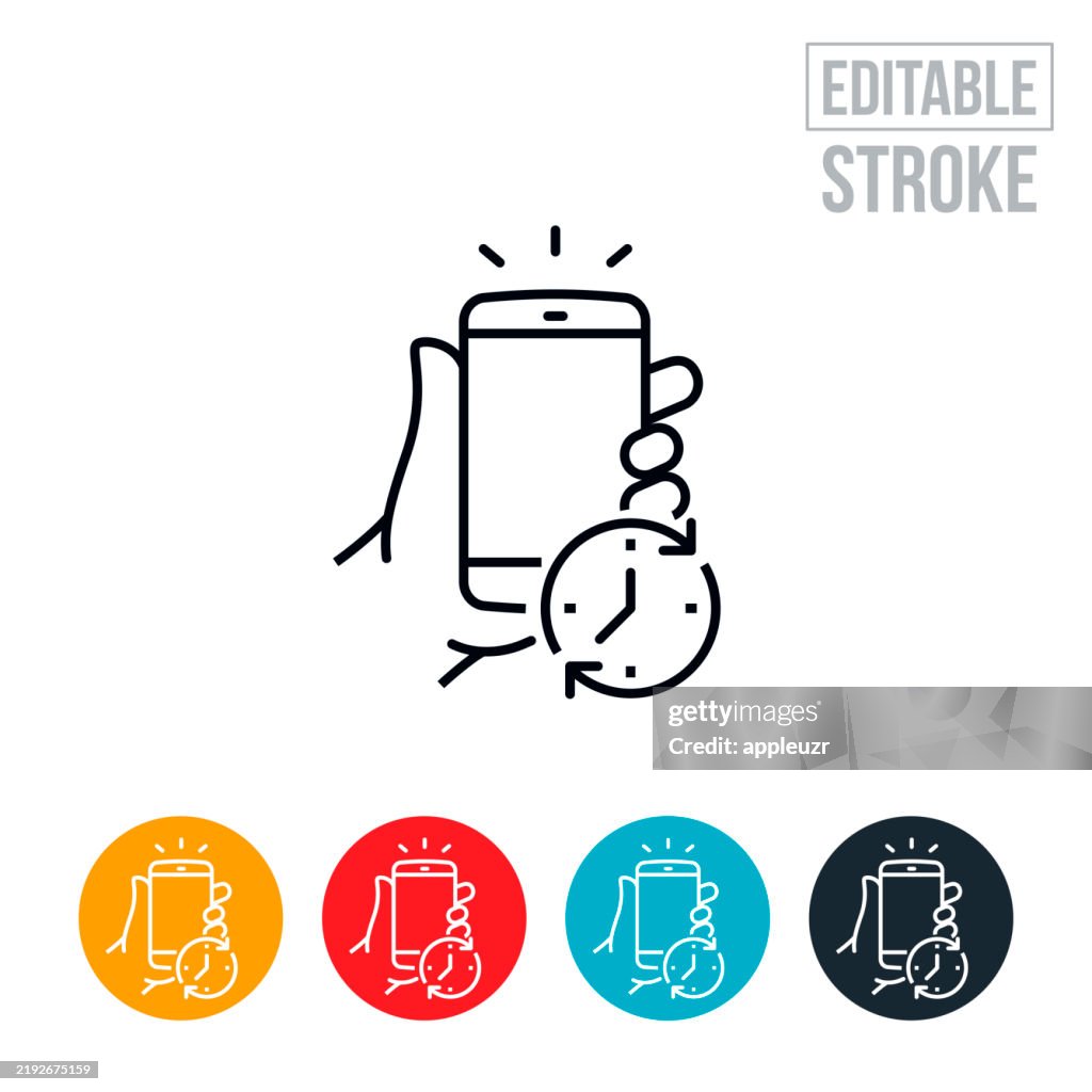 Hand Holding Smartphone with Timer Clock Thin Line Icon - Editable Stroke