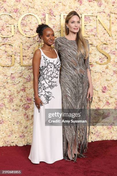 Zahara Jolie and Angelina Jolie attend the 82nd Annual Golden Globe Awards at The Beverly Hilton on January 05, 2025 in Beverly Hills, California.