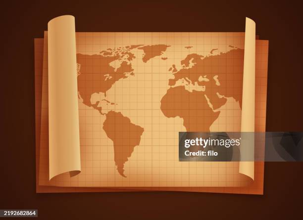world map old parchment scroll map weathered paper design element - compass abstract background stock illustrations
