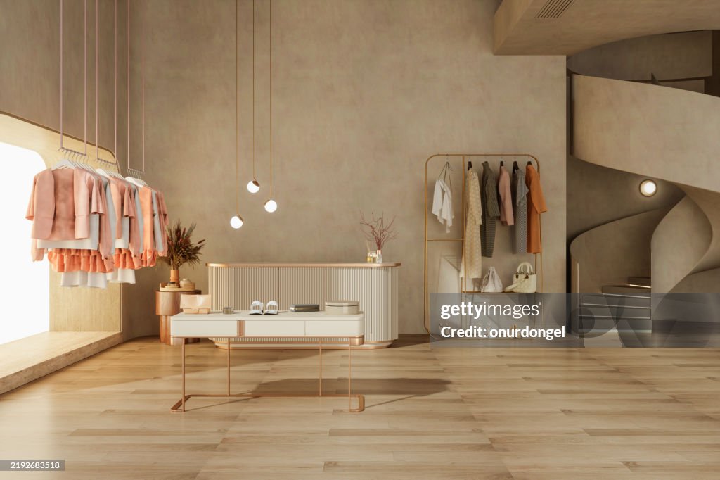 Luxury Clothing Store Interior With Clothes, Shoes And Pendant Lights