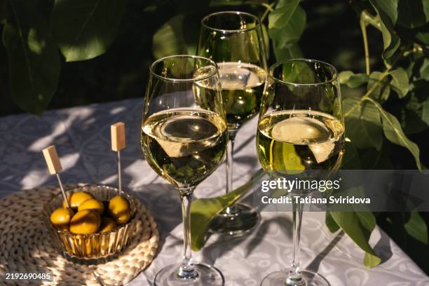 three glasses of white wine on a table in summer garden - vin blanc photos et images de collection