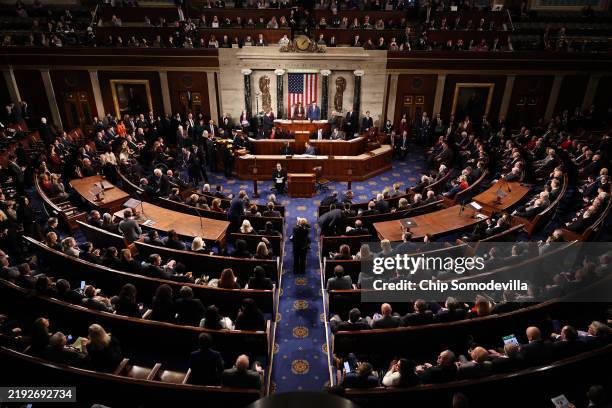 Members of Congress participate in a joint session of Congress to ratify the 2024 Presidential election at the U.S. Capitol on January 06, 2025 in...
