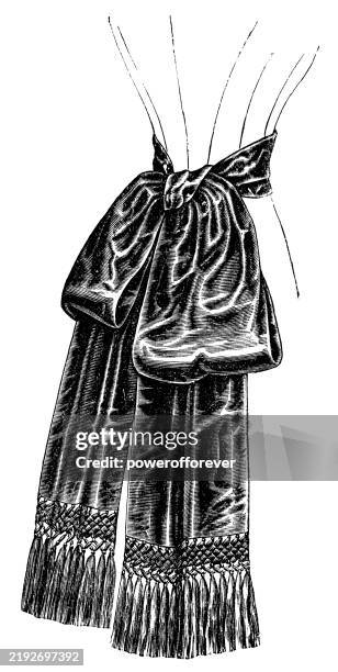 1890s victorian fashion, ladies black surah silk sash with tassel fringe - 19th century - frayed stock illustrations