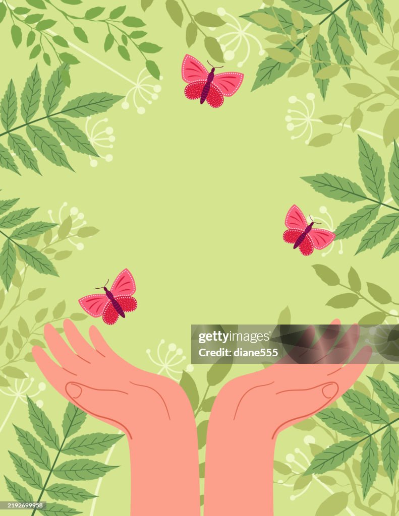 Hands Holding Flowers On A Green Background. Environment Concept