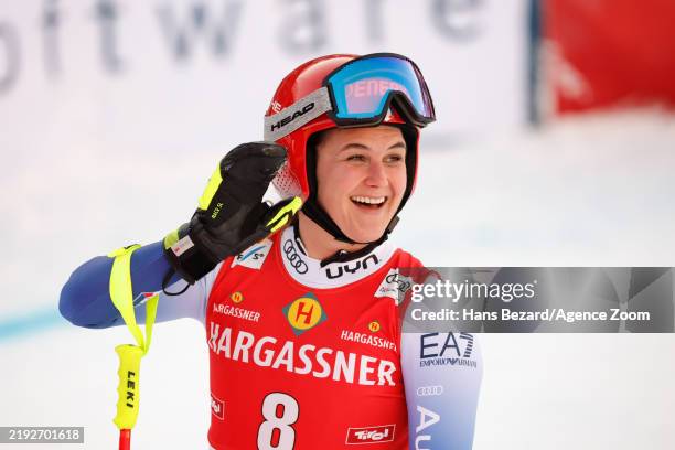 Laura Pirovano of Team Italy celebrates during the Audi FIS Alpine Ski World Cup Women's Downhill on January 11, 2025 in St. Anton, Austria.