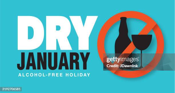 illustrations, cliparts, dessins animés et icônes de modèle de conception de bannière web de vacances sans alcool de janvier sec avec une bouteille de bière et une silhouette de verre à vin et aucun symbole - sans alcool