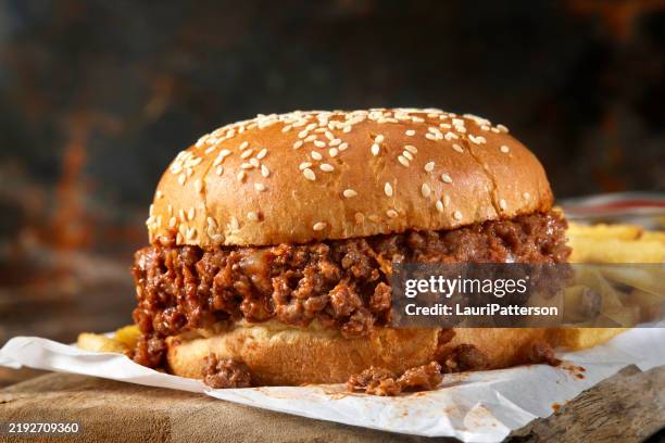 bison sloppy joe sandwich on a sesame seed bun with fries - bison meat stock pictures, royalty-free photos & images