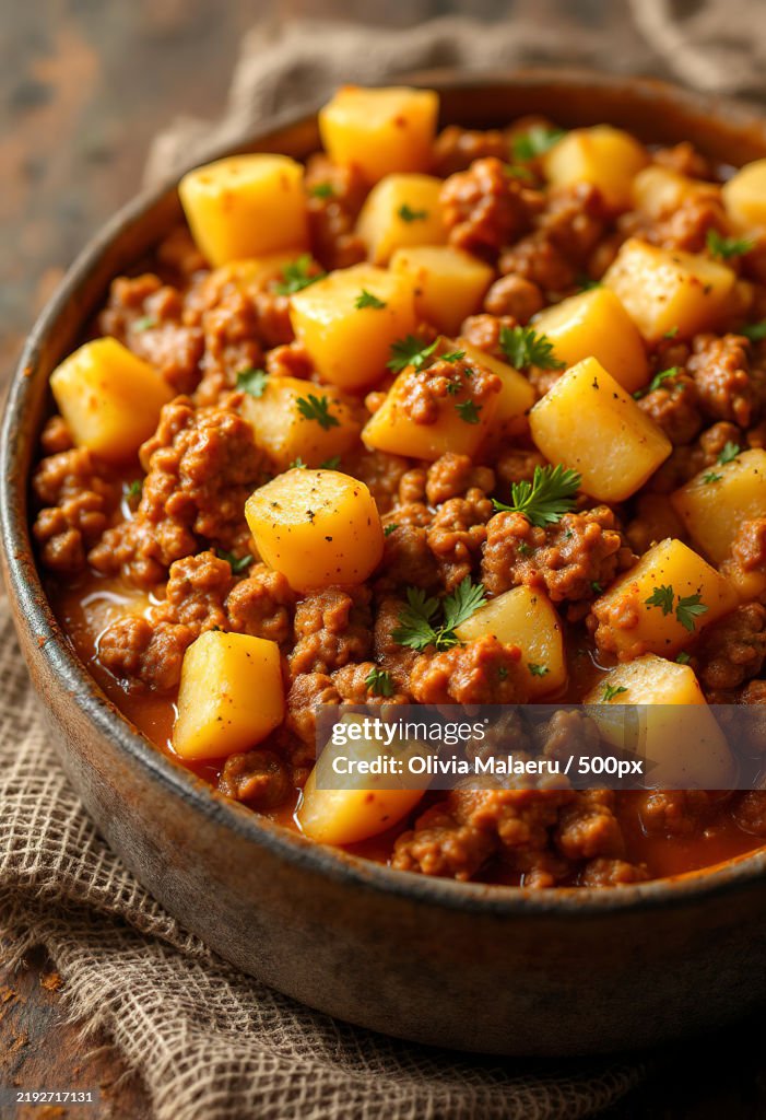 A baked dish containing diced boiled potatoes with creamy ground meat in sauce
