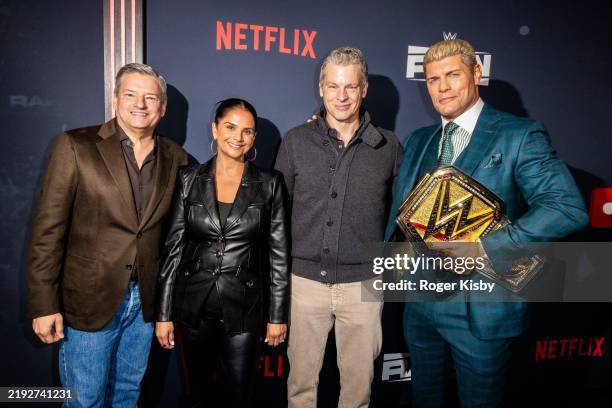 Ted Sarandos, Co-CEO, Netflix, Bela Bajaria, CCO, Netflix, Greg Peters, Co-CEO, Netflix and Cody Rhodes attend Netflix's Debut of WWE Monday Night...