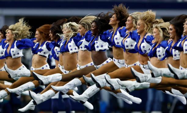 Dallas Cowboys cheerleaders perform prior to the game between the Dallas Cowboys and Washington Commanders at AT&T Stadium on January 05, 2025 in...